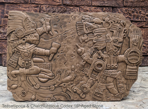 Aztec Maya Artifact Carved Tezcatlipoca & Chalchiuhtlicue Sculpture Statue 16