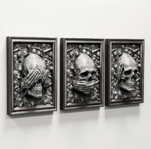 Load image into Gallery viewer, Decor Skull See no - Speak no - Hear no Sculptural wall relief www.Neo-Mfg.com 12&quot; 3pc set
