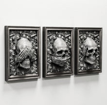 Load image into Gallery viewer, Decor Skull See no - Speak no - Hear no Sculptural wall relief www.Neo-Mfg.com 12" 3pc set