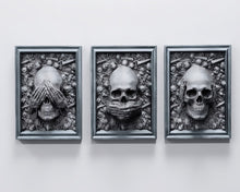Load image into Gallery viewer, Decor Skull See no - Speak no - Hear no Sculptural wall relief www.Neo-Mfg.com 12&quot; 3pc set
