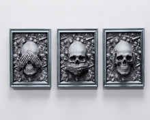 Load image into Gallery viewer, Decor Skull See no - Speak no - Hear no Sculptural wall relief www.Neo-Mfg.com 12" 3pc set