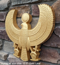 Load image into Gallery viewer, Egyptian Horus w/ sun disc Sculpture museum reproduction art 15.5" www.Neo-Mfg.com home decor relief
