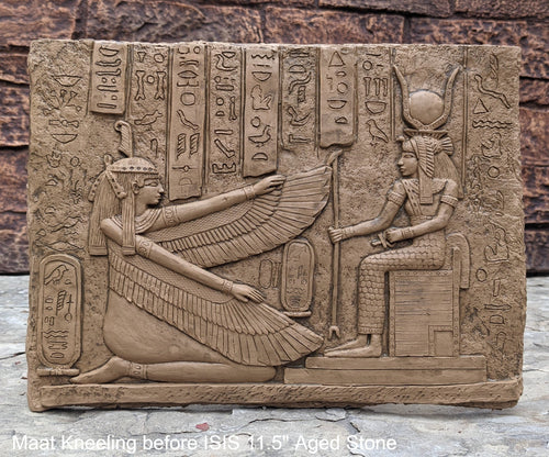 Egyptian Maat kneeling before Isis reproduction sculpture wall art 11.5