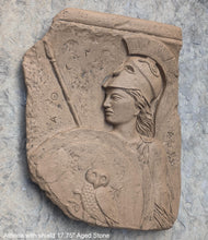 Load image into Gallery viewer, Roman Greek Athena with shield fragment wall sculpture plaque www.Neo-mfg.com relic plaque 17.75"