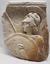 Load image into Gallery viewer, Roman Greek Athena with shield fragment wall sculpture plaque www.Neo-mfg.com relic plaque 17.75"