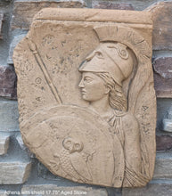 Load image into Gallery viewer, Roman Greek Athena with shield fragment wall sculpture plaque www.Neo-mfg.com relic plaque 17.75"