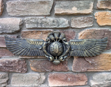 Load image into Gallery viewer, Egyptian winged Scarab Wadjet Pediment hieroglyph Sculptural wall relief www.Neo-Mfg.com 22"