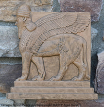 Load image into Gallery viewer, Historical Assyrian Lamassu Nimrud Palace guardians winged Bull Sculpture www.Neo-Mfg.com 8.5" Mesopotamia - Flat on back side