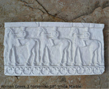 Load image into Gallery viewer, Roman Greek 3 horseman Sculptural Wall frieze plaque Fragment relief www.Neo-Mfg.com 18&quot;

