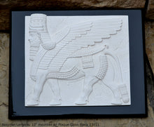 Load image into Gallery viewer, Historical Assyrian Lamassu winged Bull wall Sculpture www.Neo-Mfg.com 10" Mesopotamia mounted on plaque 13x11
