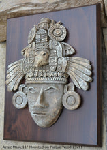 Load image into Gallery viewer, History Aztec Maya Artifact Warrior mask Sculpture Statue 11&quot; Tall www.Neo-Mfg.com Mounted on Plaque 13x11
