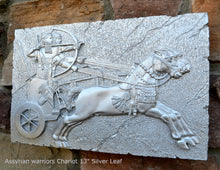 Load image into Gallery viewer, Historical Assyrian warriors Chariot Royal hunt wall art Sculpture www.Neo-Mfg.com 13" Mounted on Plaque
