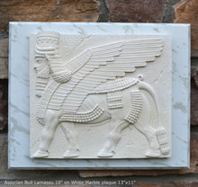 Load image into Gallery viewer, Historical Assyrian Lamassu winged Bull wall Sculpture www.Neo-Mfg.com 10" Mesopotamia mounted on plaque 13x11
