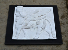 Load image into Gallery viewer, Historical Assyrian Lamassu winged Bull wall Sculpture www.Neo-Mfg.com 10&quot; Mesopotamia mounted on plaque 13x11
