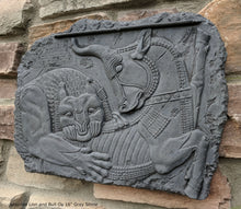 Load image into Gallery viewer, Assyrian Lion and Bull Ox Sculpture Statue Relief wall fragment Persepolis www.Neo-mfg.com 16&quot;
