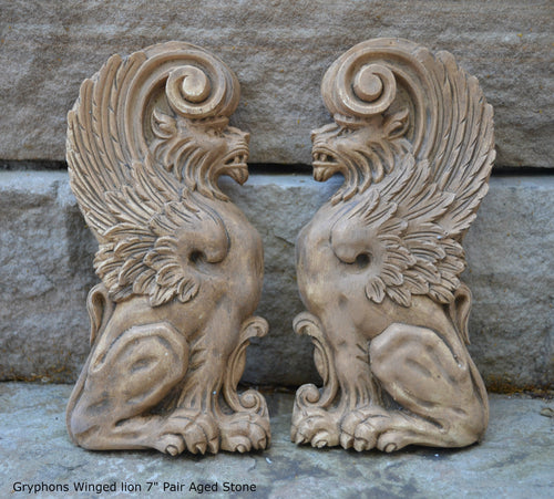 Griffin gryphons Winged lion wall Sculpture plaque set pair 7.75