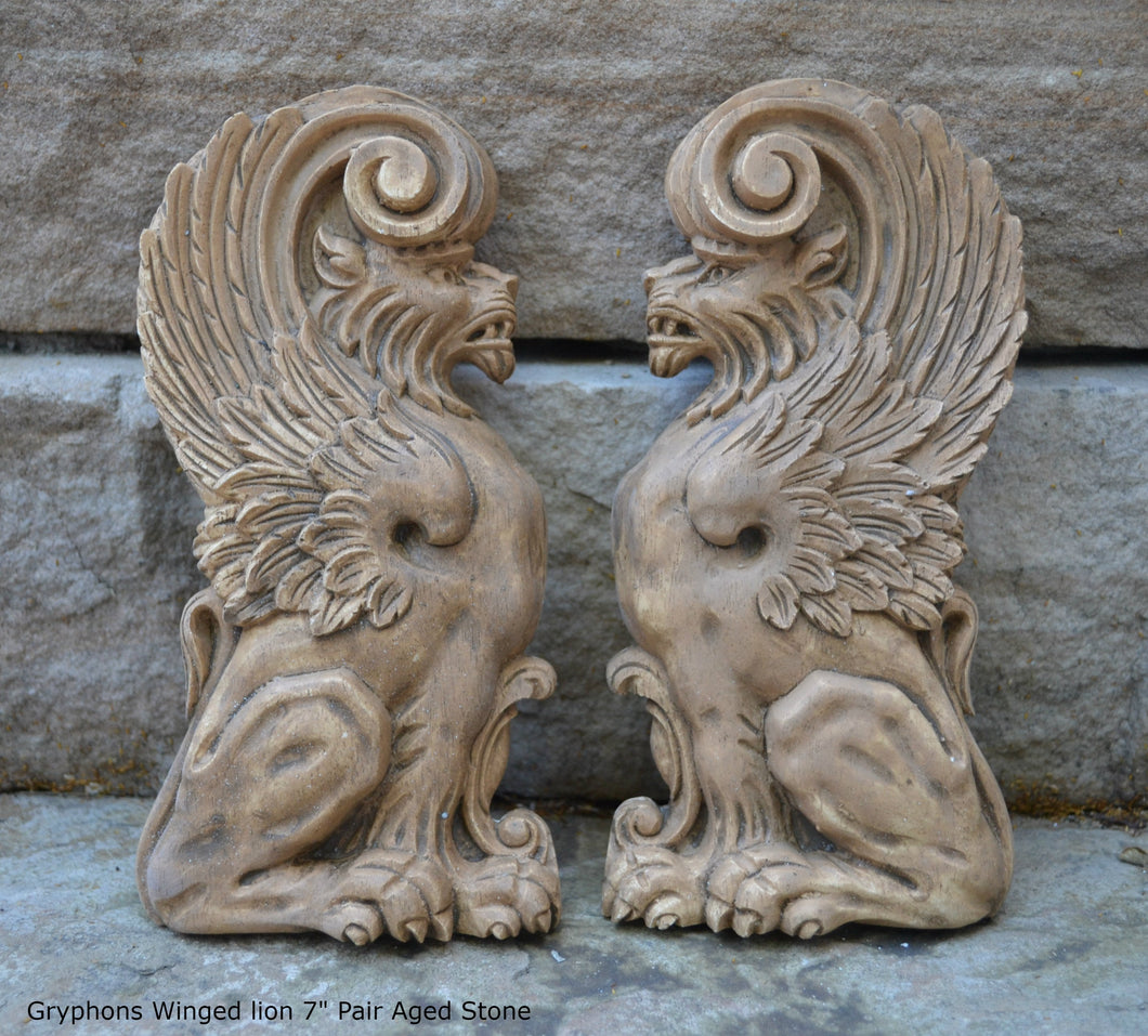 Griffin gryphons Winged lion wall Sculpture plaque set pair 7