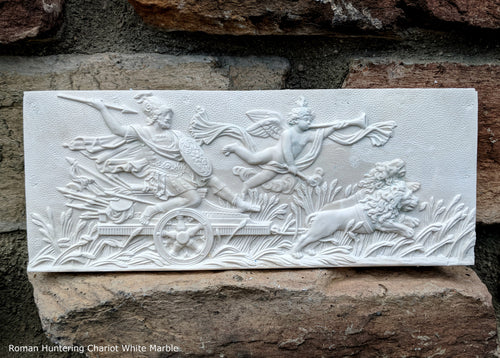 History Roman Hunting Chariot Lion and Cherub Stela Fragment Sculptural wall relief plaque 8 5/16
