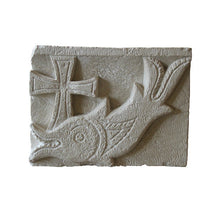 Load image into Gallery viewer, Religious Fish with cross Fragment Sculptural wall relief plaque www.Neo-Mfg.com 3.5" Museum reproduction
