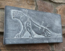 Load image into Gallery viewer, Assyrian Wounded Lioness Lion w/ arrows sculpture wall art frieze www.Neo-Mfg.com 11" e3

