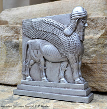 Load image into Gallery viewer, Historical Assyrian Lamassu Nimrud Palace guardians winged Bull Sculpture www.Neo-Mfg.com 8.5" Mesopotamia - Flat on back side g29
