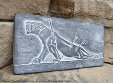 Load image into Gallery viewer, Assyrian Wounded Lioness Lion w/ arrows sculpture wall art frieze www.Neo-Mfg.com 11&quot; e3
