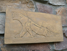 Load image into Gallery viewer, Assyrian Wounded Lioness Lion w/ arrows sculpture wall art frieze www.Neo-Mfg.com 11&quot; e3
