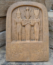 Load image into Gallery viewer, History Egyptian Triad of Osiris Dedia stele the master builder. Isis Osiris &amp; Horus Artifact Sculpture Statue 14&quot; www.Neo-Mfg.com c9
