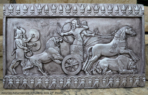 Assyrian Ashurnasirpal II hunting lions Carving sculpture wall plaque 27