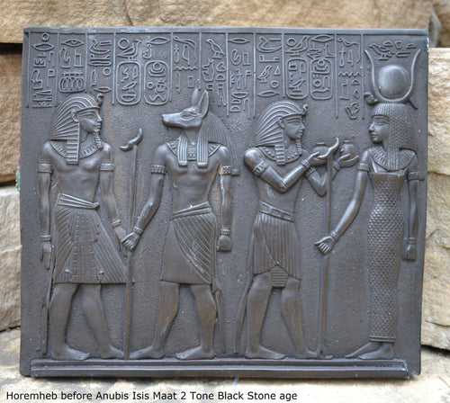 Egyptian Horemheb Pharaoh before Anubis & Isis sculpture wall art frieze www.Neo-Mfg.com 10.5