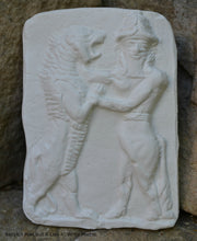 Load image into Gallery viewer, Mesopotamian Babylonian Bull Man &amp; lion Gilgamesh Tablet Cuneiform Sculptural fragment www.Neo-Mfg.com museum reproduction 4&quot;
