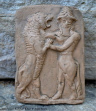 Load image into Gallery viewer, Mesopotamian Babylonian Bull Man &amp; lion Gilgamesh Tablet Cuneiform Sculptural fragment www.Neo-Mfg.com museum reproduction 4"
