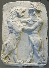 Load image into Gallery viewer, Mesopotamian Babylonian Bull Man &amp; lion Gilgamesh Tablet Cuneiform Sculptural fragment www.Neo-Mfg.com museum reproduction 4&quot;
