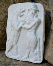 Load image into Gallery viewer, Mesopotamian Babylonian Bull Man &amp; lion Gilgamesh Tablet Cuneiform Sculptural fragment www.Neo-Mfg.com museum reproduction 4&quot;
