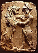 Load image into Gallery viewer, Mesopotamian Babylonian Bull Man &amp; lion Gilgamesh Tablet Cuneiform Sculptural fragment www.Neo-Mfg.com museum reproduction 4"
