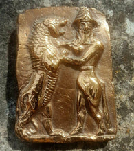 Load image into Gallery viewer, Mesopotamian Babylonian Bull Man &amp; lion Gilgamesh Tablet Cuneiform Sculptural fragment www.Neo-Mfg.com museum reproduction 4&quot;

