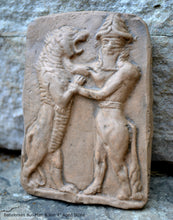 Load image into Gallery viewer, Mesopotamian Babylonian Bull Man &amp; lion Gilgamesh Tablet Cuneiform Sculptural fragment www.Neo-Mfg.com museum reproduction 4&quot;
