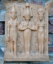 Load image into Gallery viewer, History Egyptian Triad of Osiris Dedia stele the master builder. Isis Osiris &amp; Horus Artifact Sculpture Statue 16" www.Neo-Mfg.com
