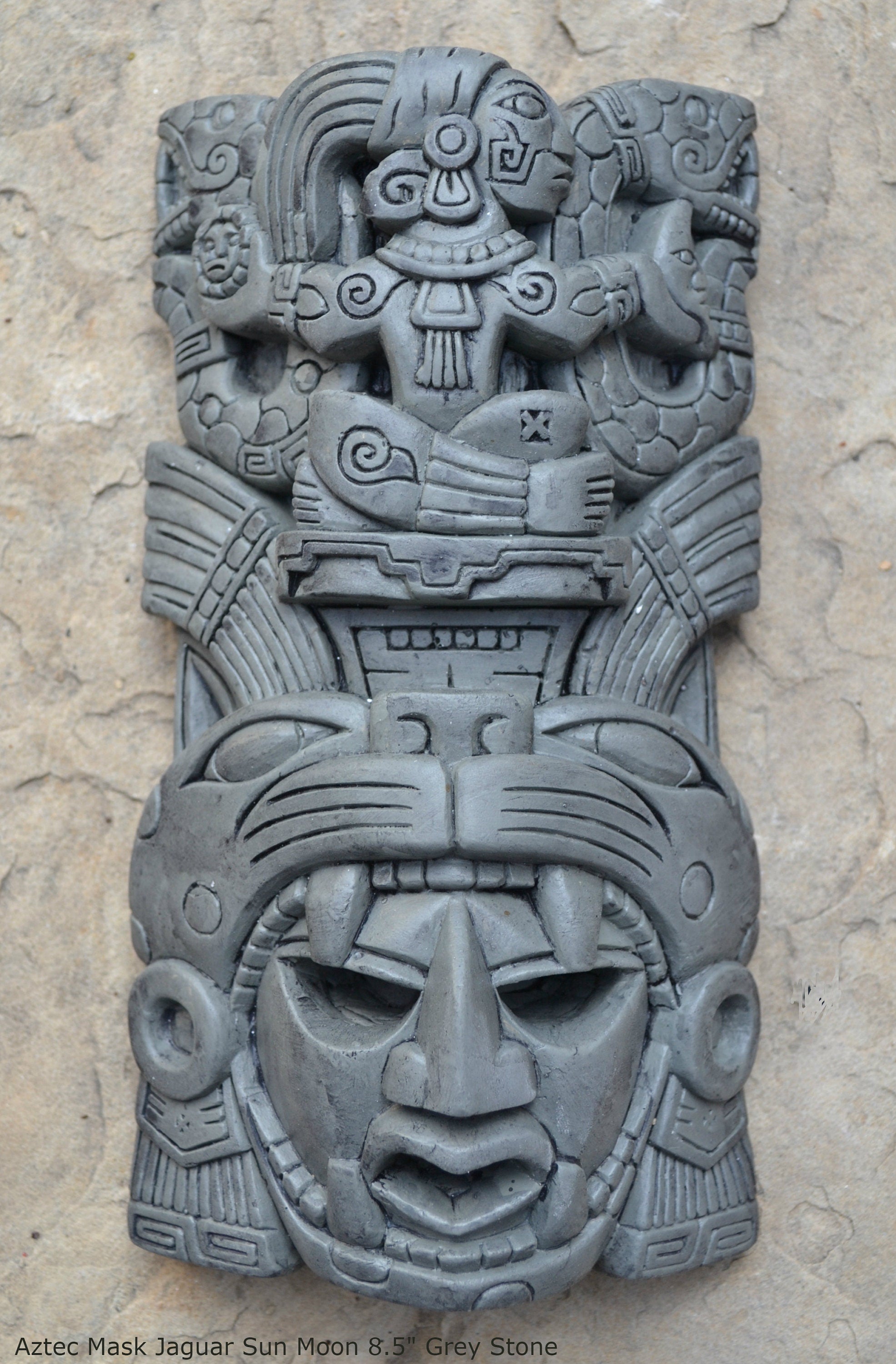 マヤ戦士像　石製 History Aztec Maya Artifact Warrior mask Jaguar Sun Moon Sculpture