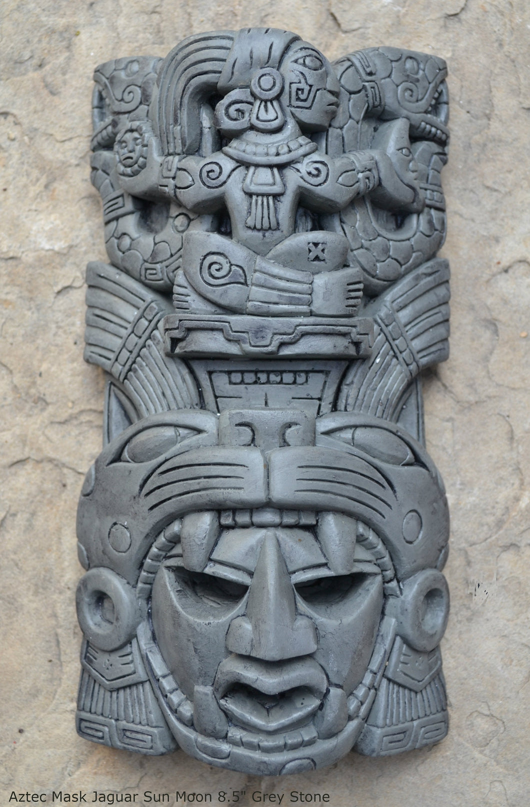History Aztec Maya Artifact Warrior mask Jaguar Sun Moon Sculpture Statue 8.5