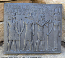 Load image into Gallery viewer, Egyptian Horemheb Pharaoh before Anubis &amp; Isis sculpture wall art frieze www.Neo-Mfg.com 10.5&quot; h3
