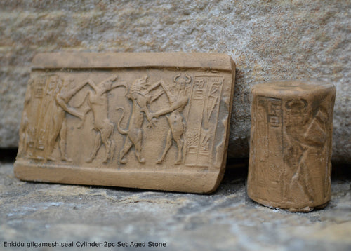 Akkadian Enkidu gilgamesh seal Cylinder Tablet Cuneiform Sculptural www.Neo-Mfg.com museum reproduction 2pc set CY3