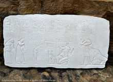 Load image into Gallery viewer, History Egyptian Judgment Day Anubis holding Scales of Justice w/Thoth, Ammut Stela Plaque Artifact Sculpture 13&quot; www.Neo-Mfg.com L7
