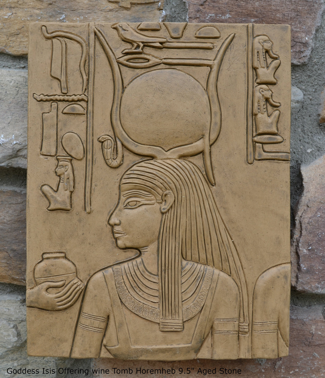 History Egyptian Goddess Isis Offering wine Tomb Horemheb Sculptural wall relief www.Neo-Mfg.com 9.5