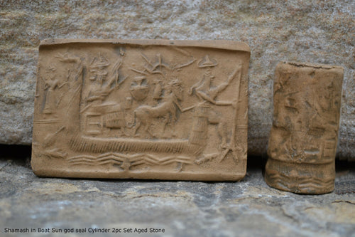 Akkadian Shamash in Boat Sun god seal Cylinder Tablet Cuneiform Sculptural www.Neo-Mfg.com museum reproduction 2pc set