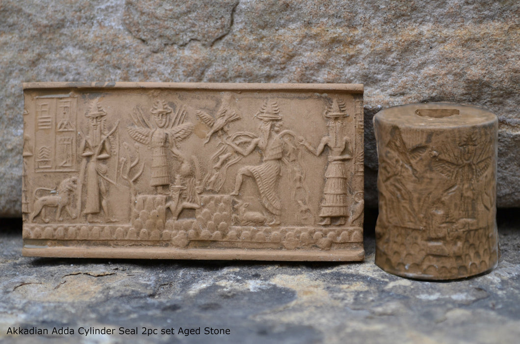 Historical Assyrian Akkadian Adda Cylinder Seal wall Sculpture www.Neo-Mfg.com Mesopotamia Museum Reproduction 2pc set Cy1