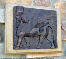 Load image into Gallery viewer, Historical Assyrian Lamassu winged Bull wall Sculpture www.Neo-Mfg.com 10" Mesopotamia mounted on plaque 13x11
