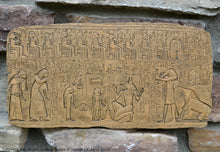 Load image into Gallery viewer, History Egyptian Judgment Day Anubis holding Scales of Justice w/Thoth, Ammut Stela Plaque Artifact Sculpture 13&quot; www.Neo-Mfg.com L7
