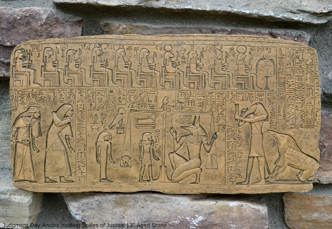 History Egyptian Judgment Day Anubis holding Scales of Justice w/Thoth, Ammut Stela Plaque Artifact Sculpture 13