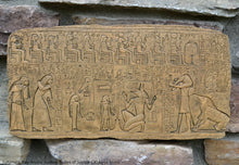 Load image into Gallery viewer, History Egyptian Judgment Day Anubis holding Scales of Justice w/Thoth, Ammut Stela Plaque Artifact Sculpture 13" www.Neo-Mfg.com L7
